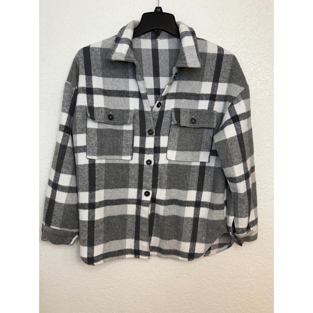 Womens Grey‎ Plaid Shacket Button Down Flannel Style Shirt Jacket Size L